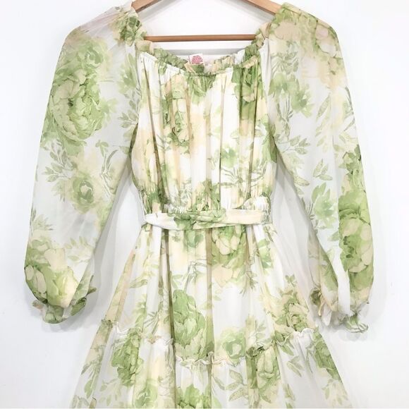Flying Tomato Cream Green Floral Off Shoulder Flowy Tiered Belted Maxi Dress - Picture 13 of 16
